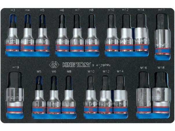Набор торцевых насадок 1/2" HEX и SPLINE, ложемент, 19 пр. KING TONY 9-4129PRV Набор торцевых насадок 1/2" HEX и SPLINE, ложемент, 19 пр. KING TONY 9-4129PRV